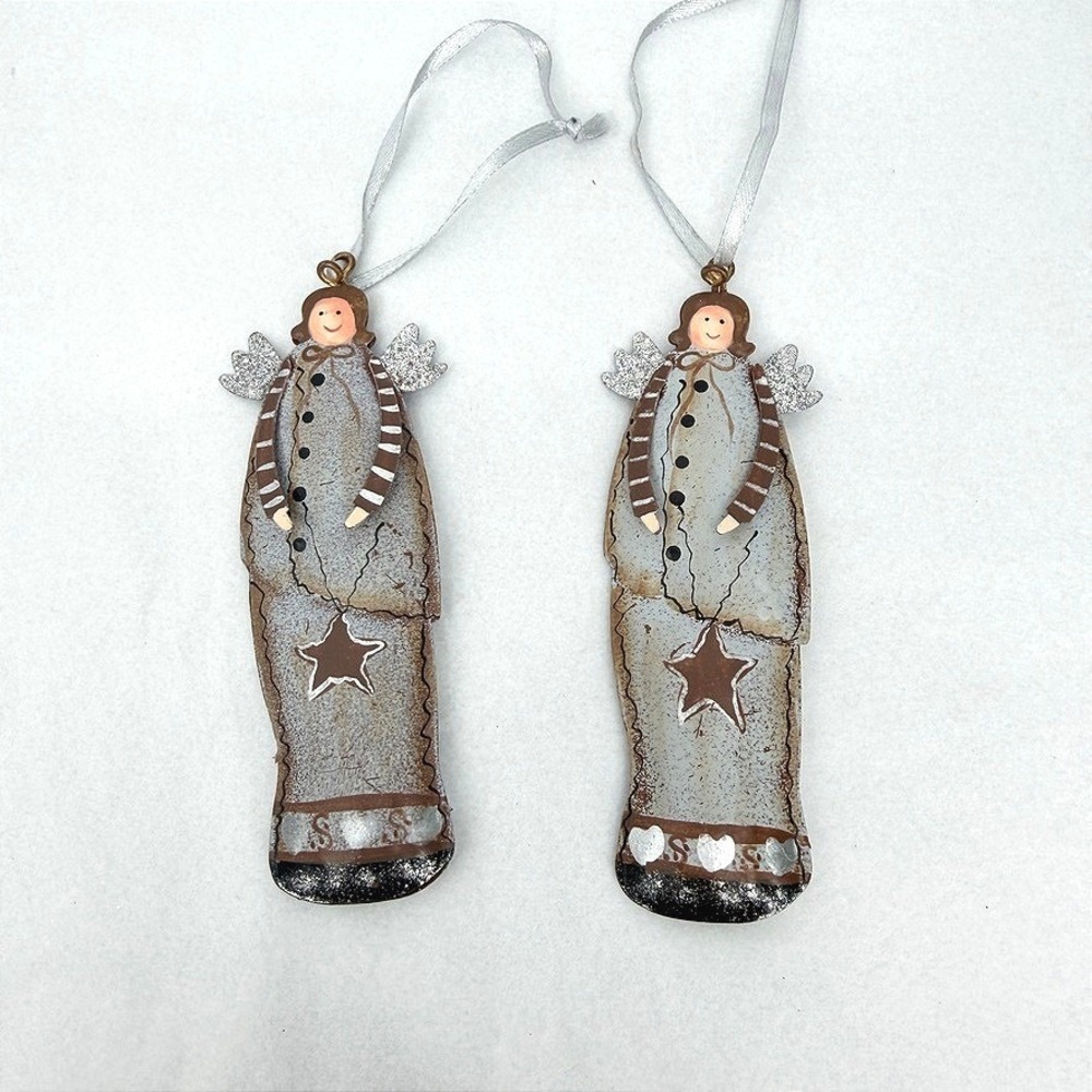 Angel Rustic Primitive Metal Christmas Ornaments Glitter Star Hearts Set of 2